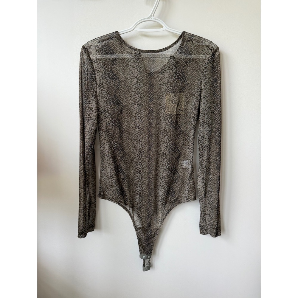 Dress Forum Womens Large Sheer Mesh Snakeskin Print Long Sleeve Bodysuit Olive